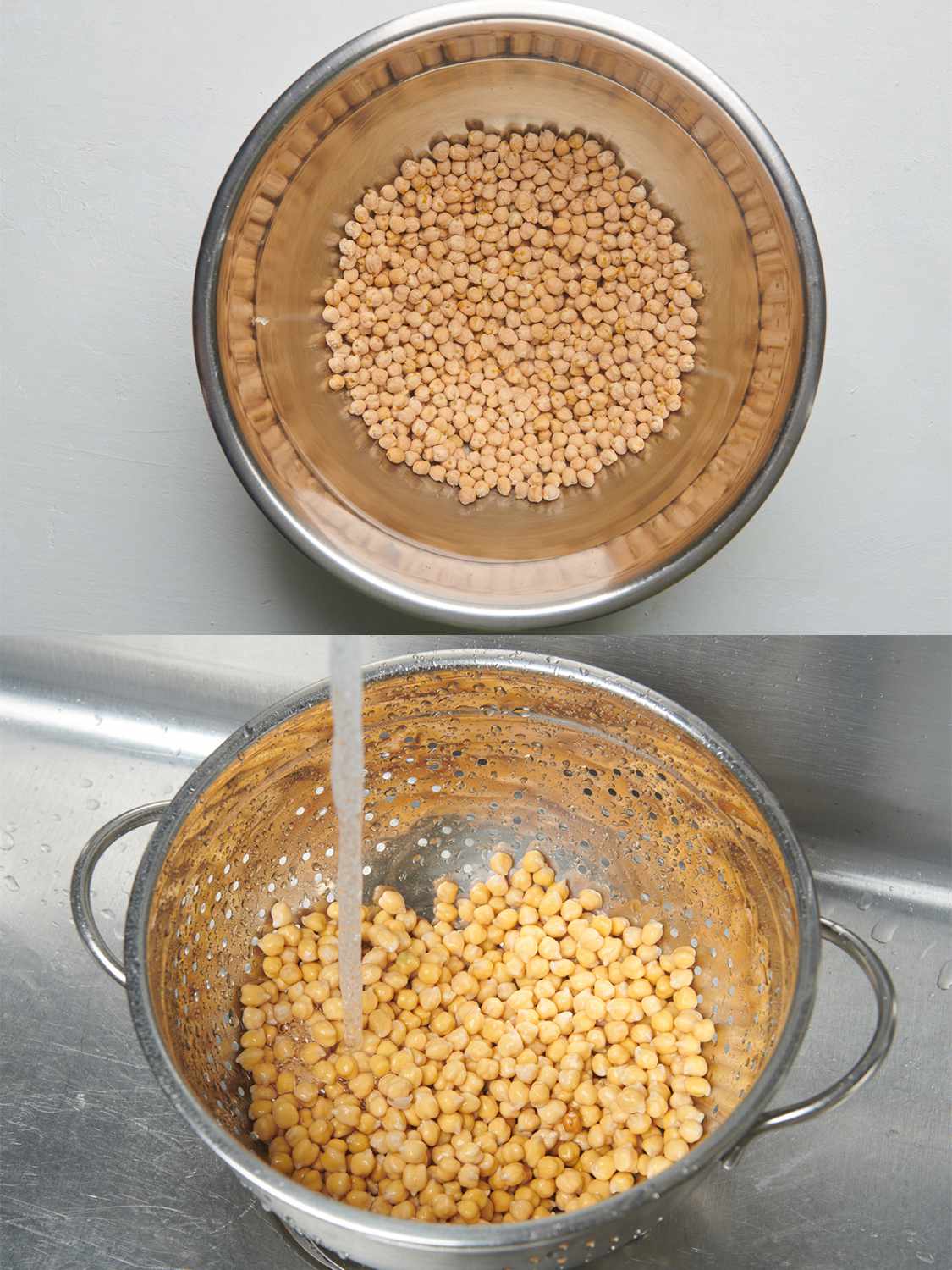 A two-image collage. The top image shows chickpeas, 1 teaspoon of baking soda, and 2 tablespoons of kosher salt covered with 6 cups of cold water inside a large bowl, with baking soda and salt dissolved. The bottom image shows the soaked beans being drained and rinsed in a colander under running water.