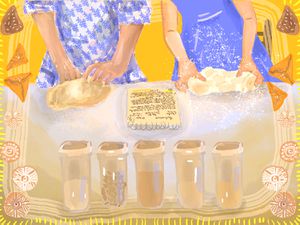 An illustration depicting a mother and daughter kneading dough at the kitchen counter