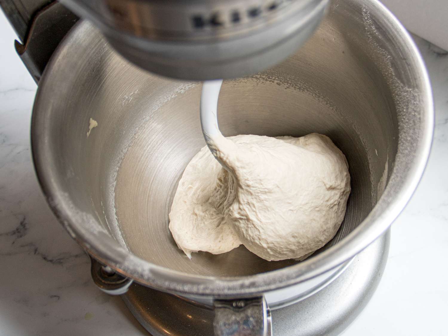 View inside of standmixer with banh mi dough