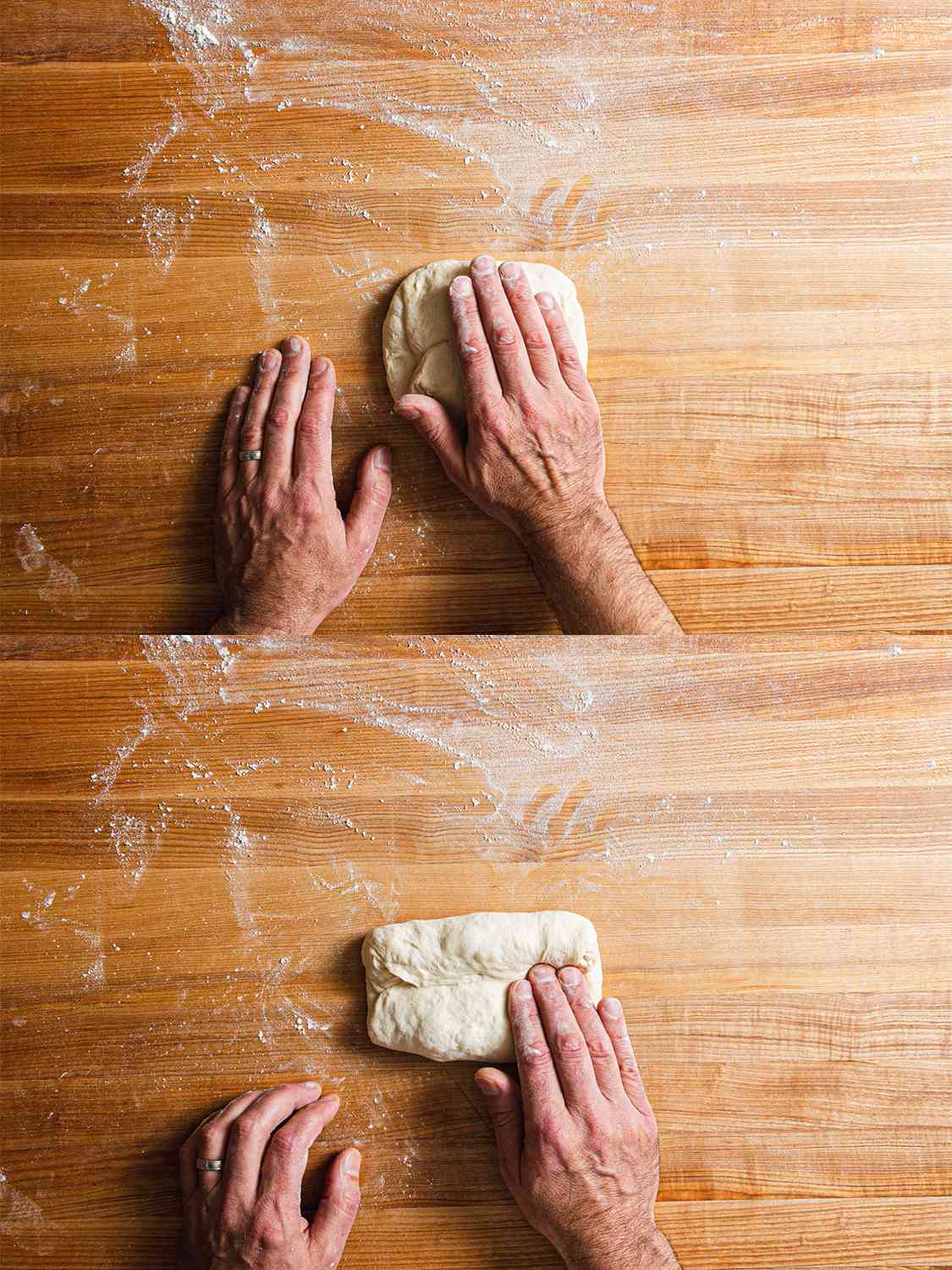 Two image collage of hands pressing down on folded dough and sealing the dough with fingers