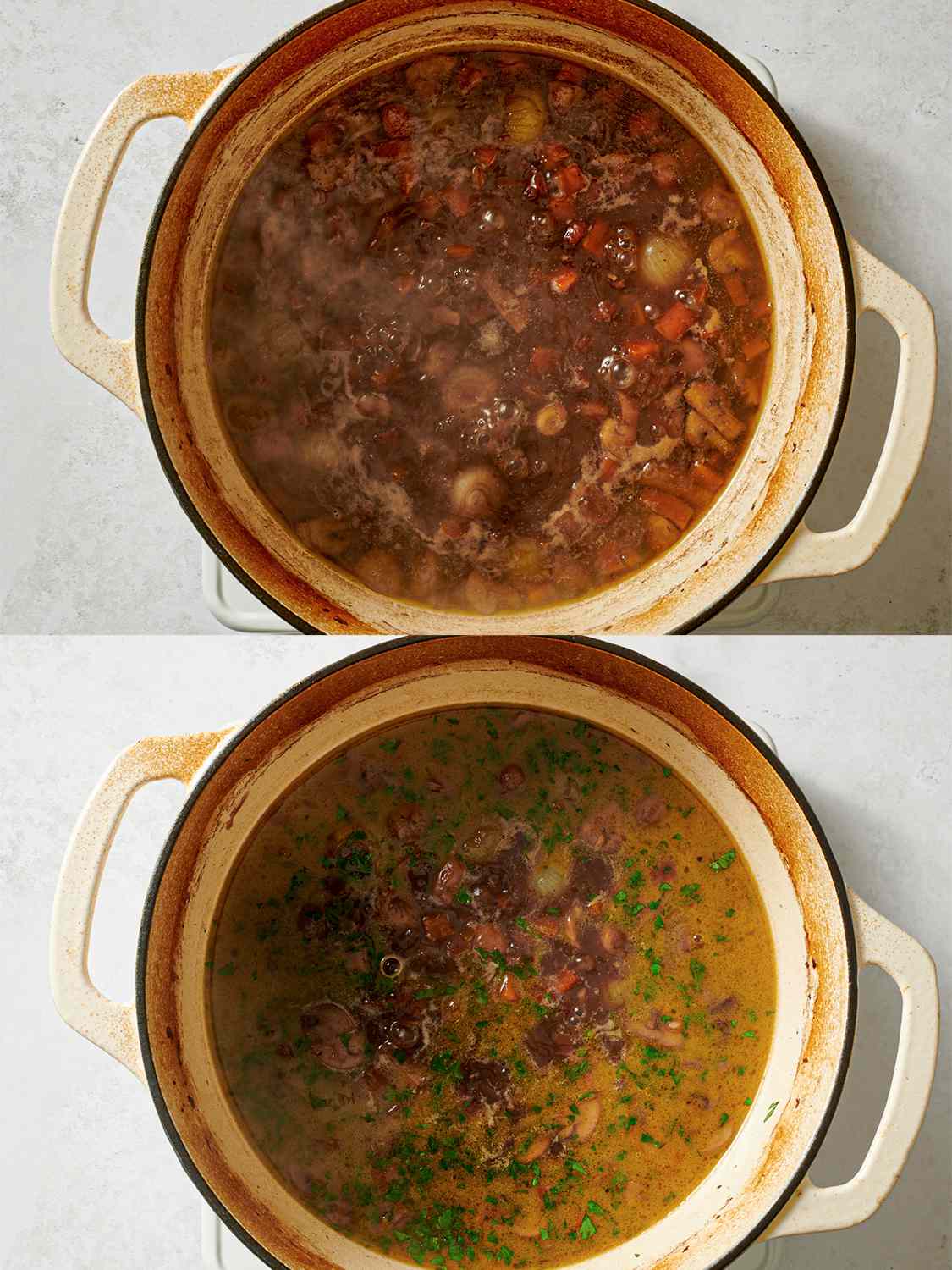 A two-image collage. The top image shows the sauce and vegetables simmering in the Dutch oven after the chicken has been removed. The bottom image shows the sauce, slightly reduced, with the butter and half of the chopped parsley stirred in.