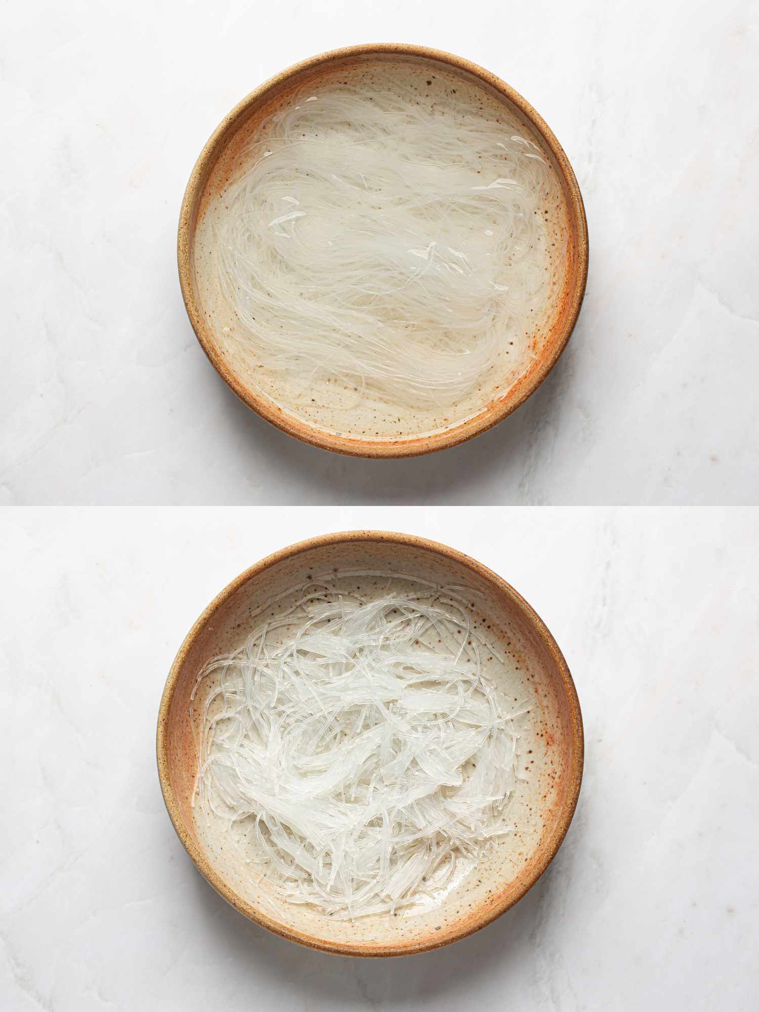 Two image collage of noodles soaking in a bowl and then cut in half