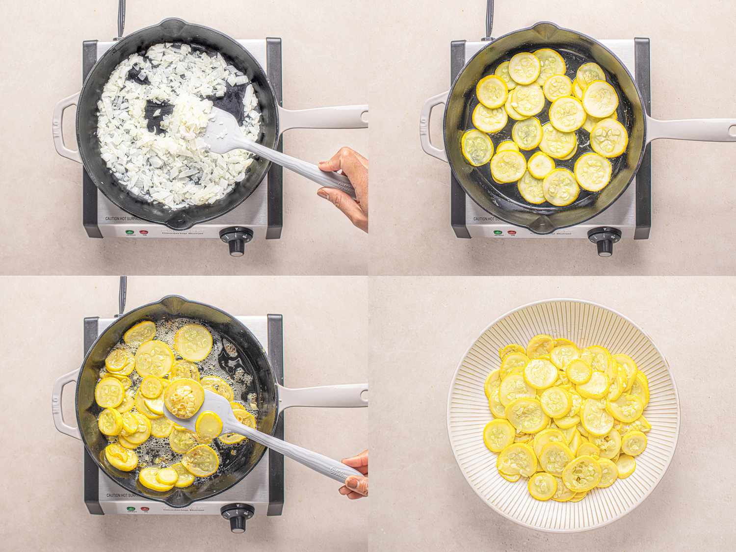 Salted yellow squash searing in a pan.