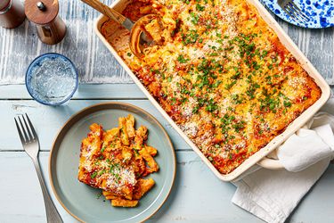 Overhead view of no boil baked ziti