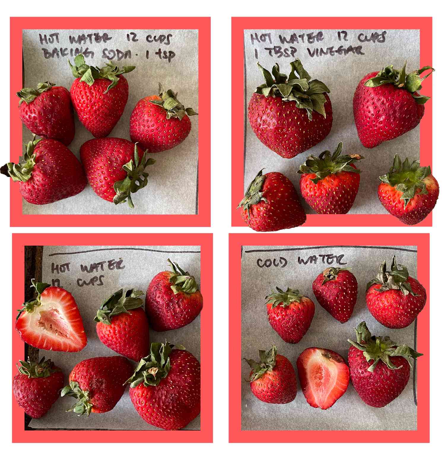 Overhead view of four tests for washing strawberries