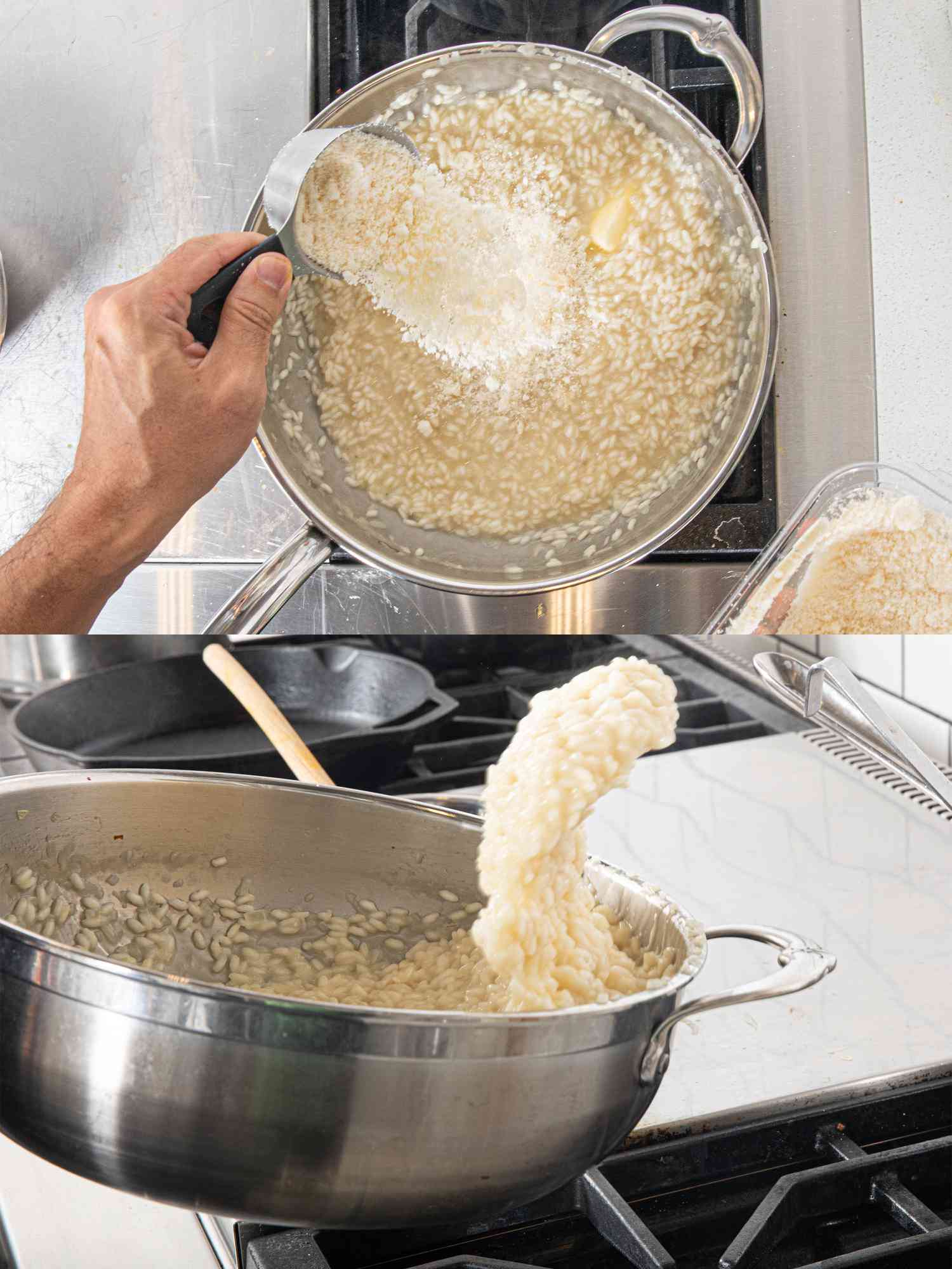 Two image collage of adding cheese and flipping risotto