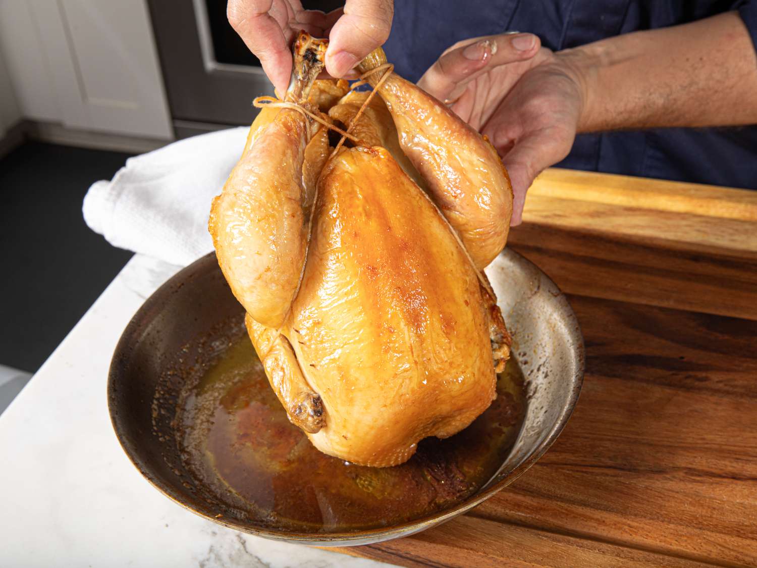 Overhead view of a golden roasted chicken