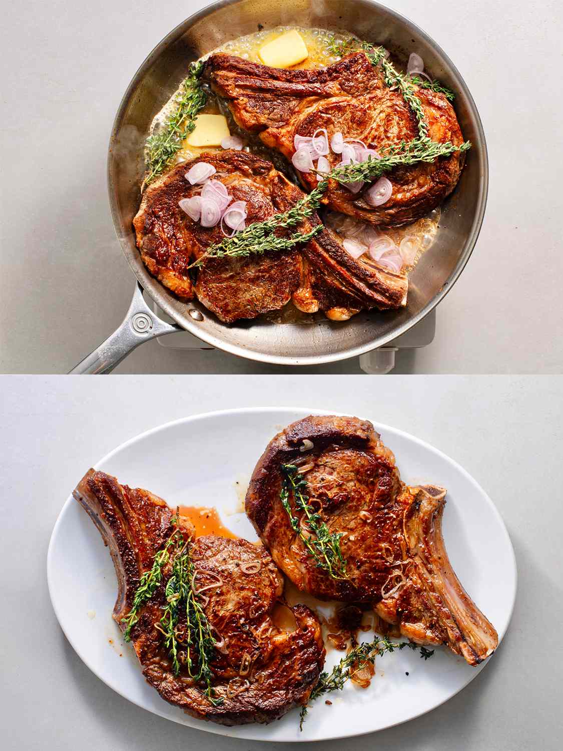 A two-image collage showing the finished pan-seared ribeye steaks, first in the skillet and then on a white oval plate.