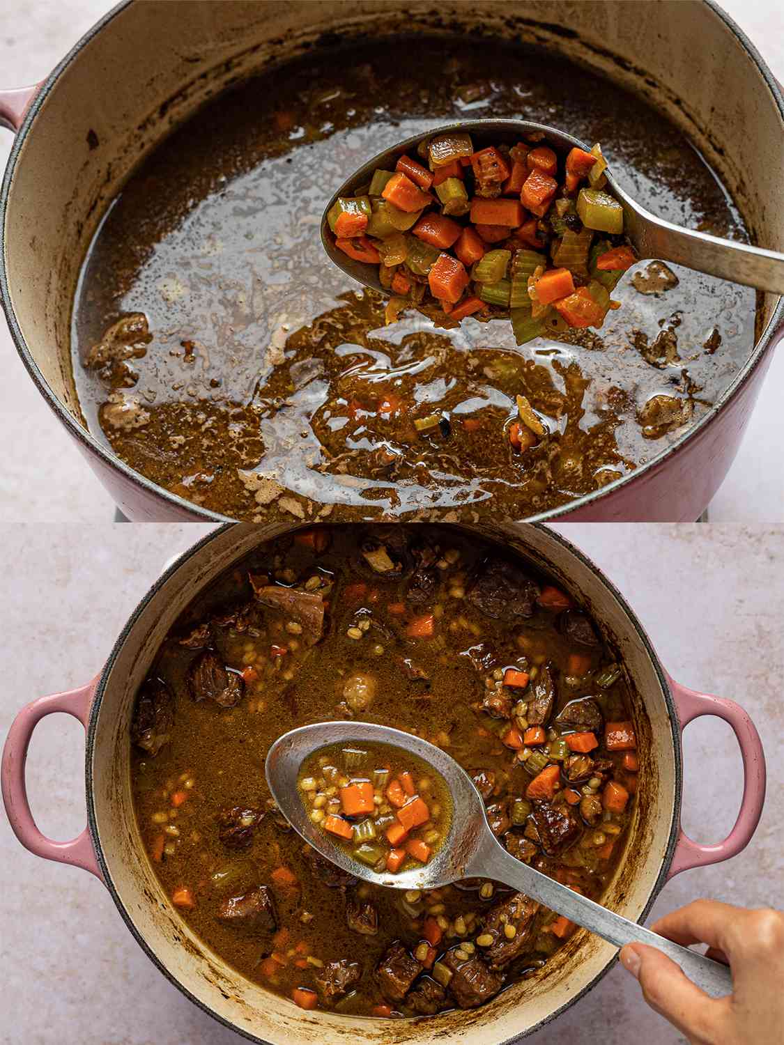 A two-image collage. The top image shows a large metal spoon adding the browned vegetables back into the Dutch oven. The bottom image shows a spoonful of soup being lifted out of the Dutch oven, showing off the fully cooked vegetables and barley.