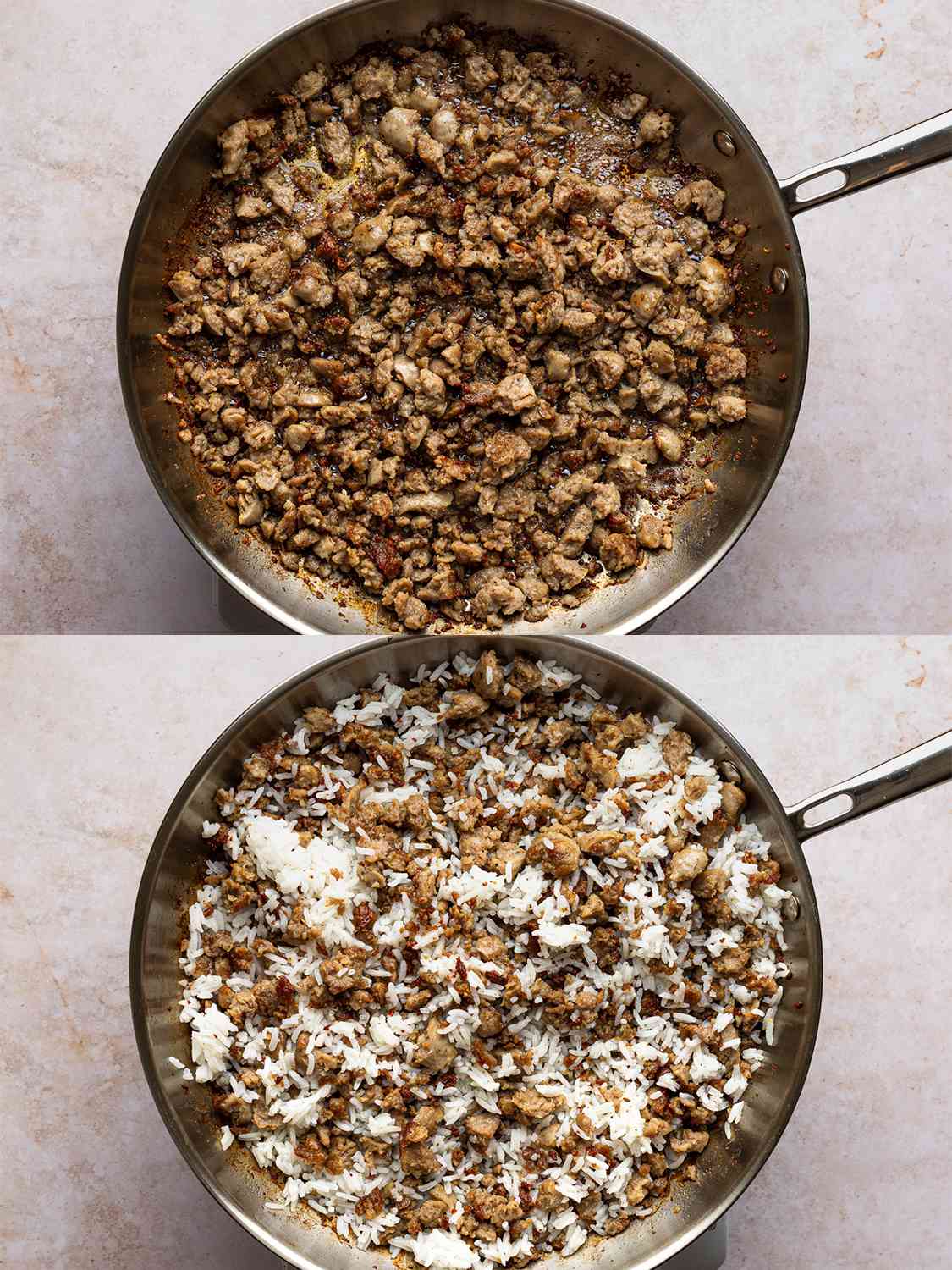 A two-image collage. The top image shows bratwurst, broken into small pieces, browned in a skillet. The bottom image shows cooked rice stirred into the now-drained bratwurst in the same skillet.