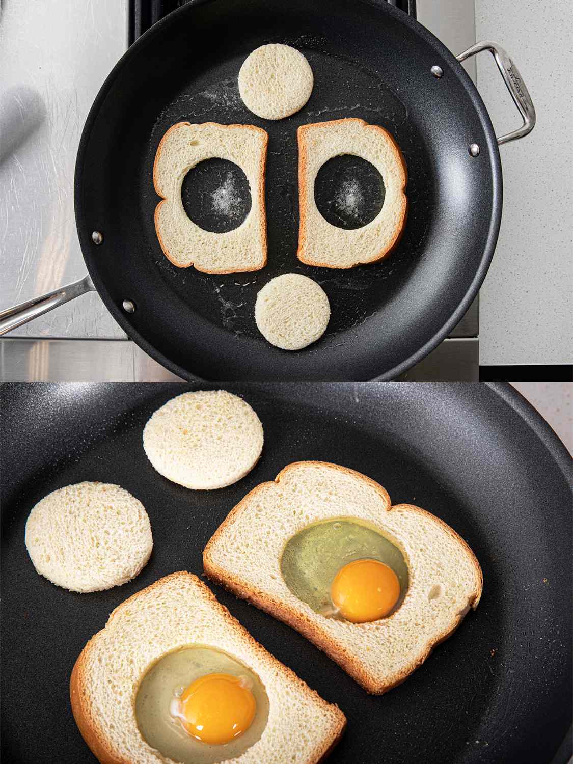 Two Image Collage. Top image: Two pieces of bread with circular middles cut out in a pan with butter and the removed circles. Bottom: a raw egg added to the open middle of both pieces of bread