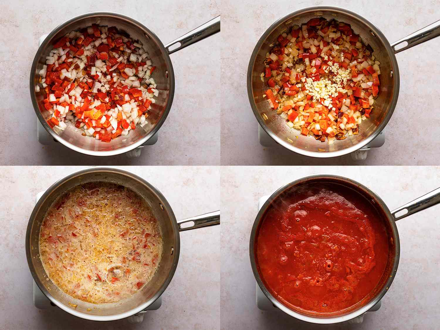 A four-image collage. The top left image shows onion and bell pepper added to crisped and rendered bacon inside a large saucepan. The top right image shows garlic added to the vegetables starting to soften inside the saucepan. The bottom left image shows beer added to the saucepan and coming to a boil. The bottom right image shows tomatoes, paprika, and caraway added to the beer, onion, bell pepper, and garlic mixture, simmering and slightly thickened.