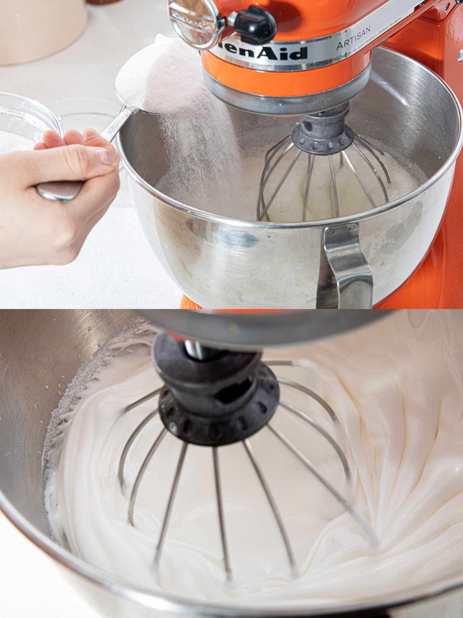 Two image collage of adding sugar into a stand mixer and an inside look into the bowl