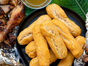 Overhead view of festivals with jerk chicken