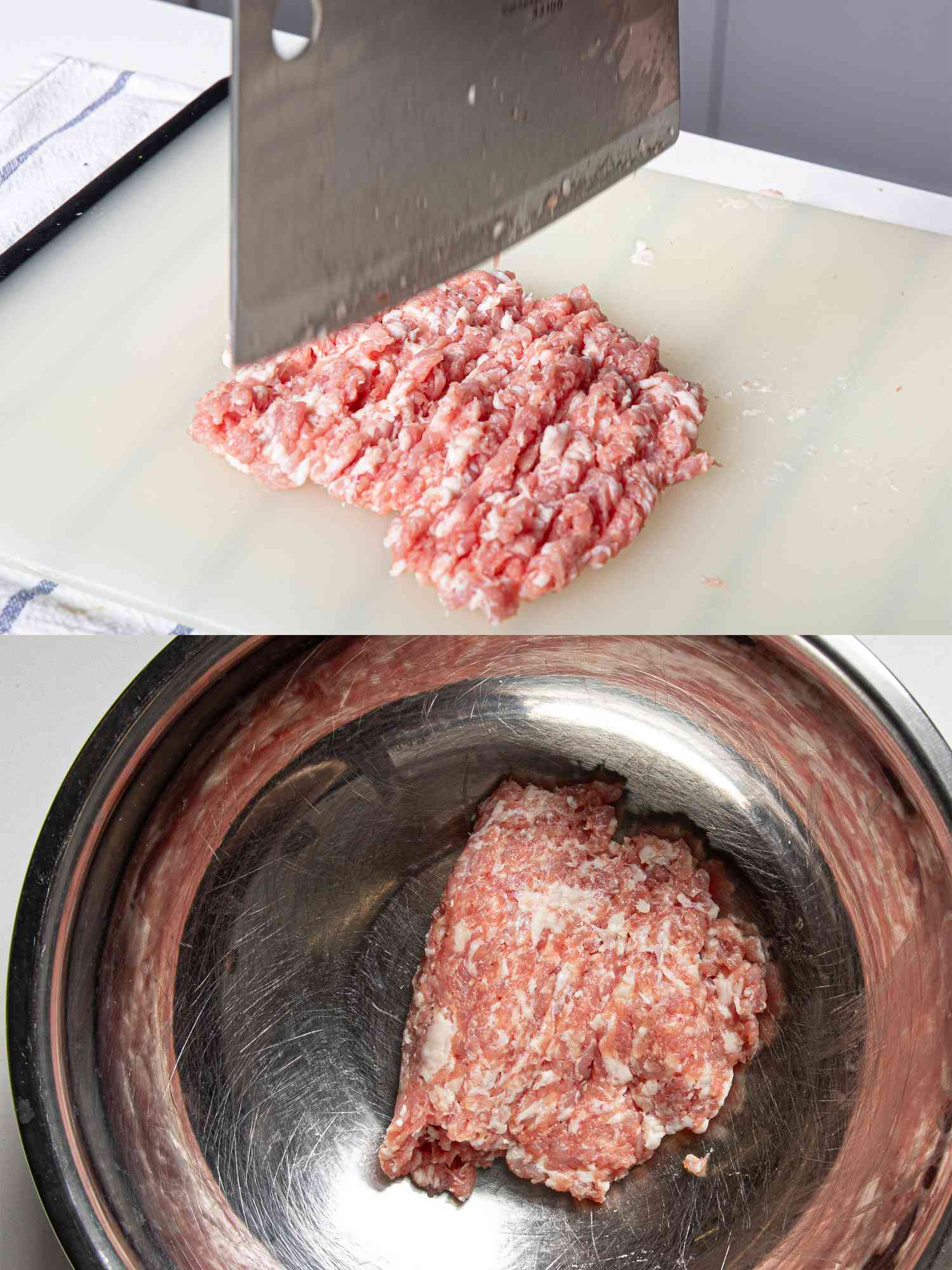 Pork being diced on a cutting board and pork in a stainless steel bowl.