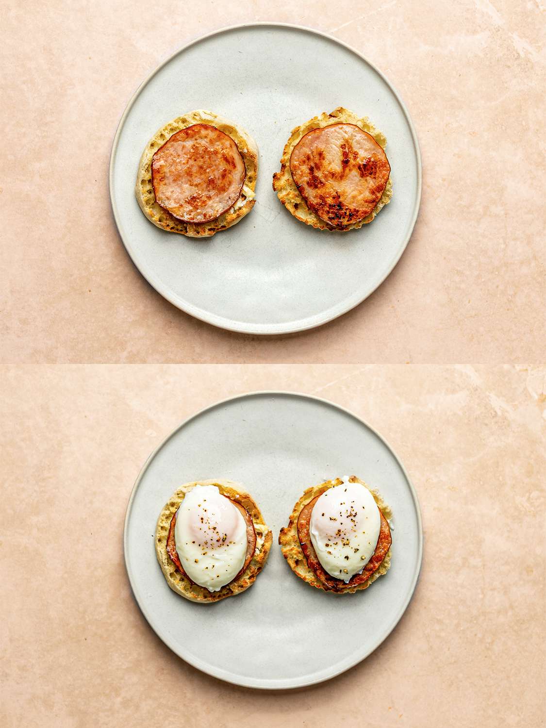 A two-image collage. The top image shows a toasted English muffin, split in half, placed on a round ceramic plate. Each English muffin half has a slice of browned Canadian bacon placed on it. The bottom image shows the two Eggs Benedict halves each topped with a poached egg.