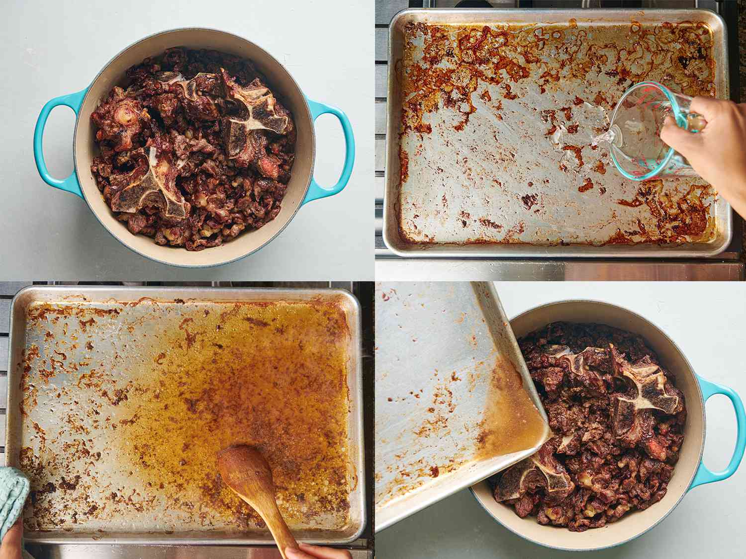 A four-image collage. The top left image shows the browned beef and bones inside of the Dutch oven containing the browned vegetables. The top right image shows the baking sheet placed on a stovetop over medium heat with 1 cup of water being poured into it. The bottom left image shows the water simmering inside of the sheet pan with the fond being scraped up with a wooden spoon. The bottom right image shows the fond and water being poured from the sheet pan into the Dutch oven.