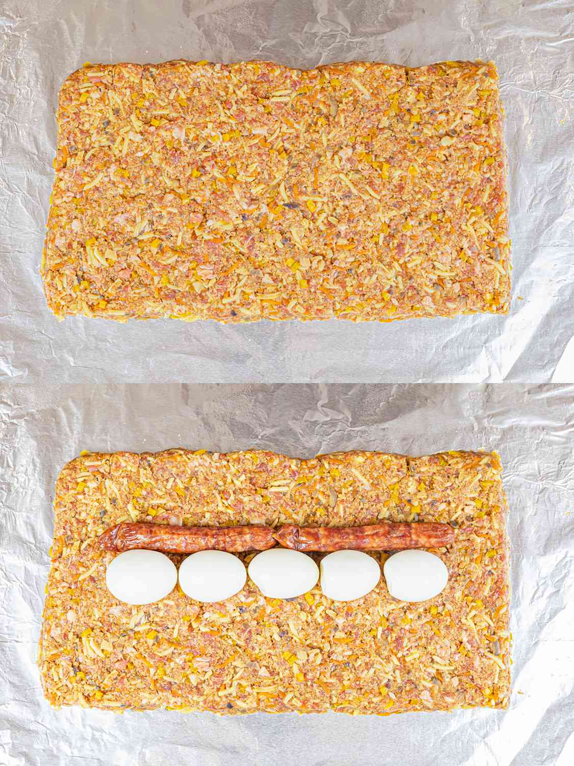 Vertical collage. Top photo: meat mixture spread into a flat rectangle on aluminum foil. Bottom image: 5 hard boiled eggs and two sausage links placed in two lines in the middle of the meat mixture.