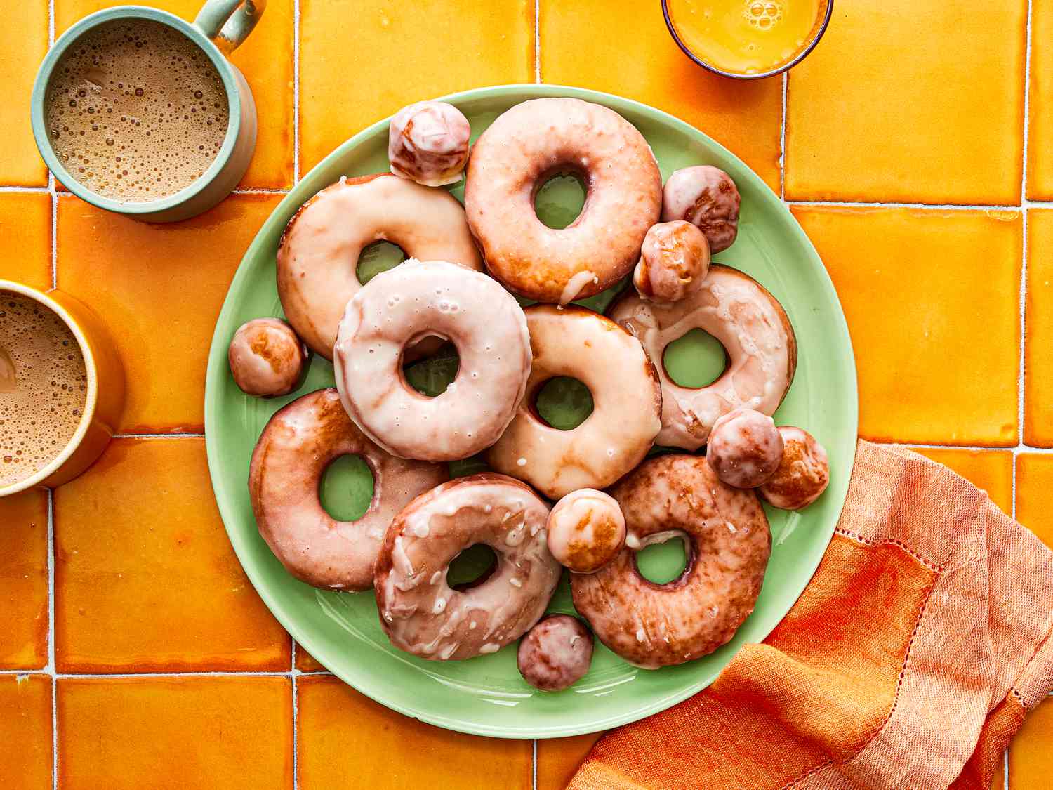 Overhead view of glazed donuts