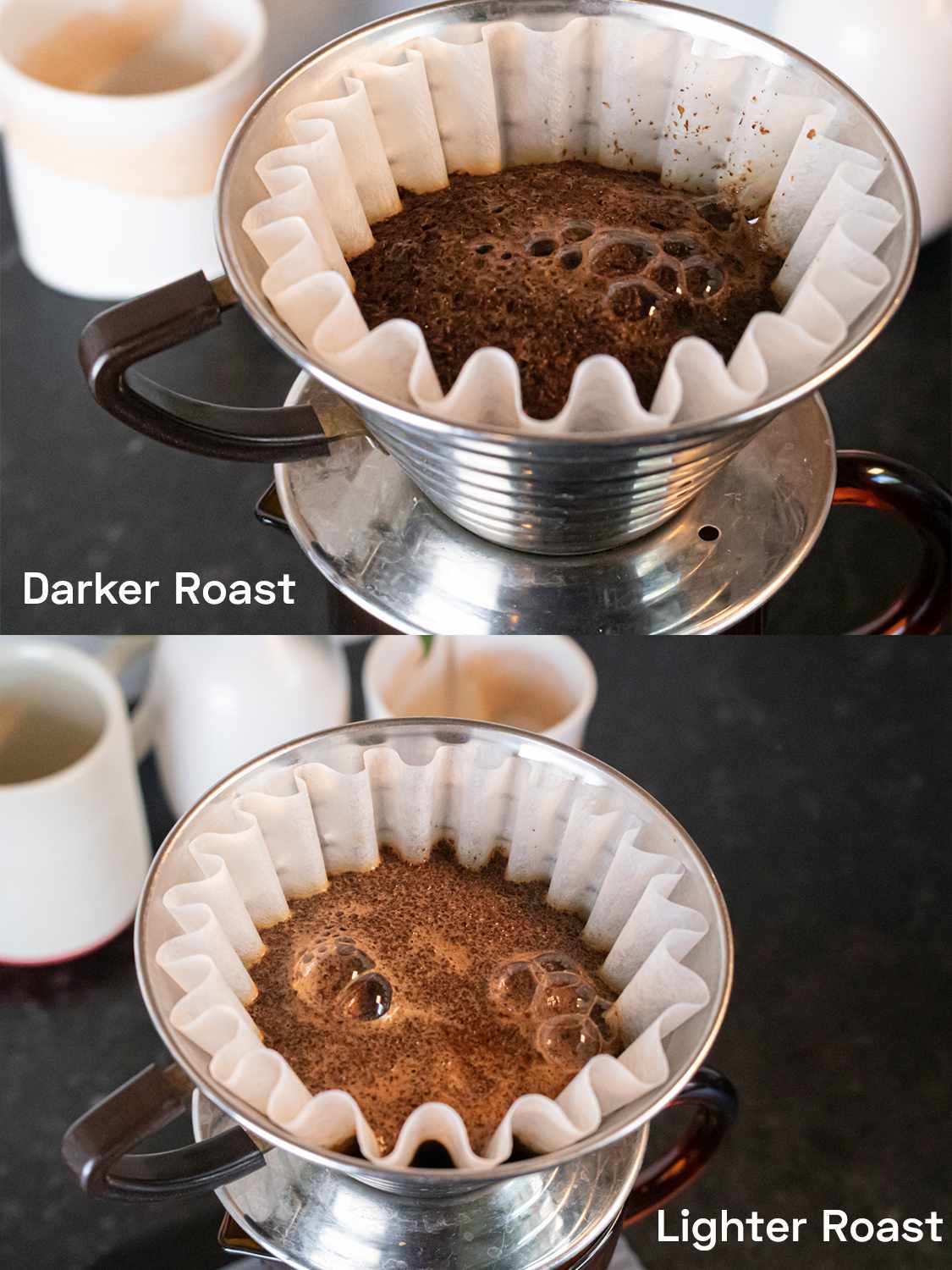 Two image collage comparing darker and lighter roast coffe blooms