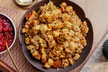 Overhead view of slow cooker stuffing