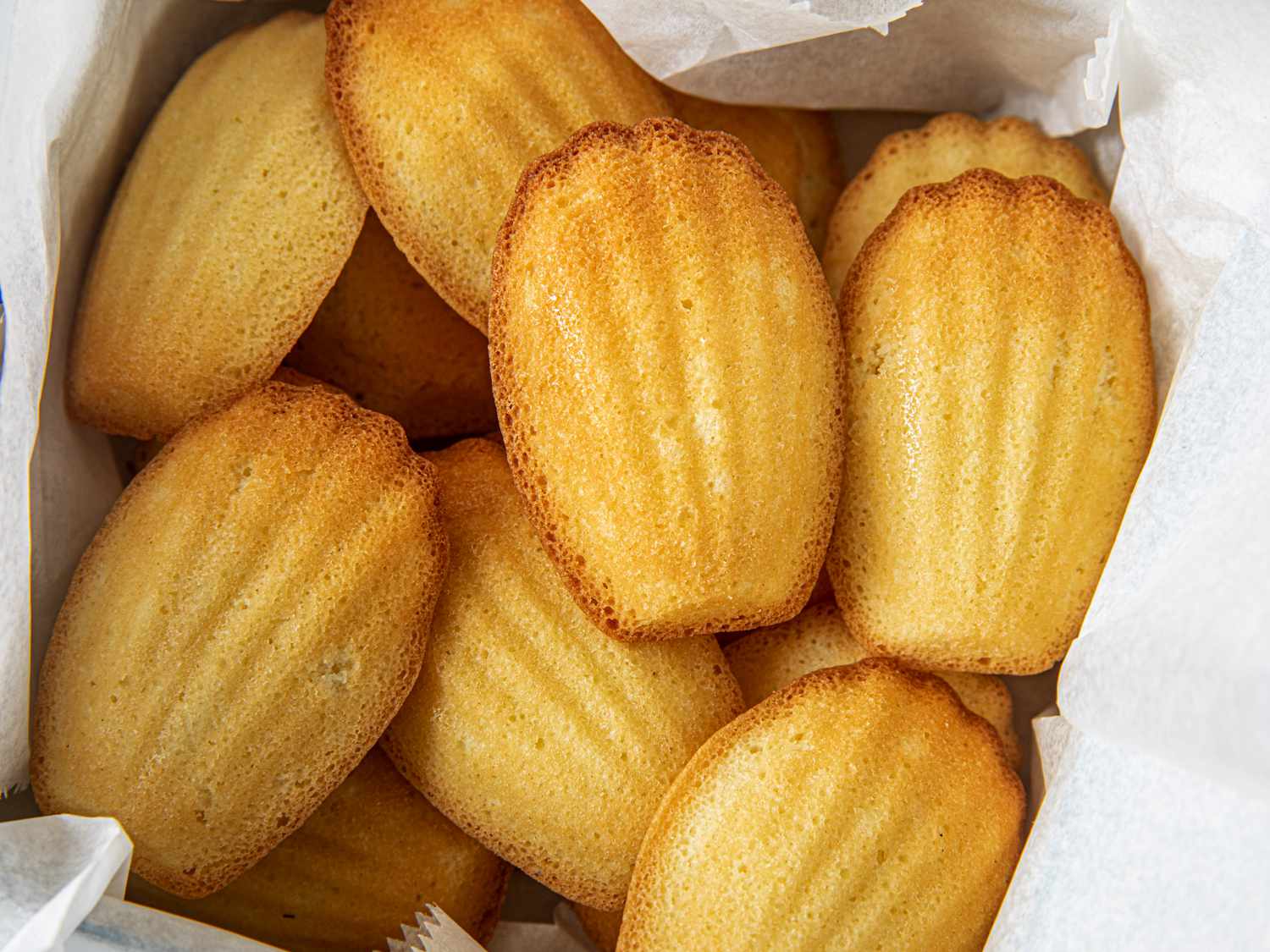 Close up view of madeleines in a box