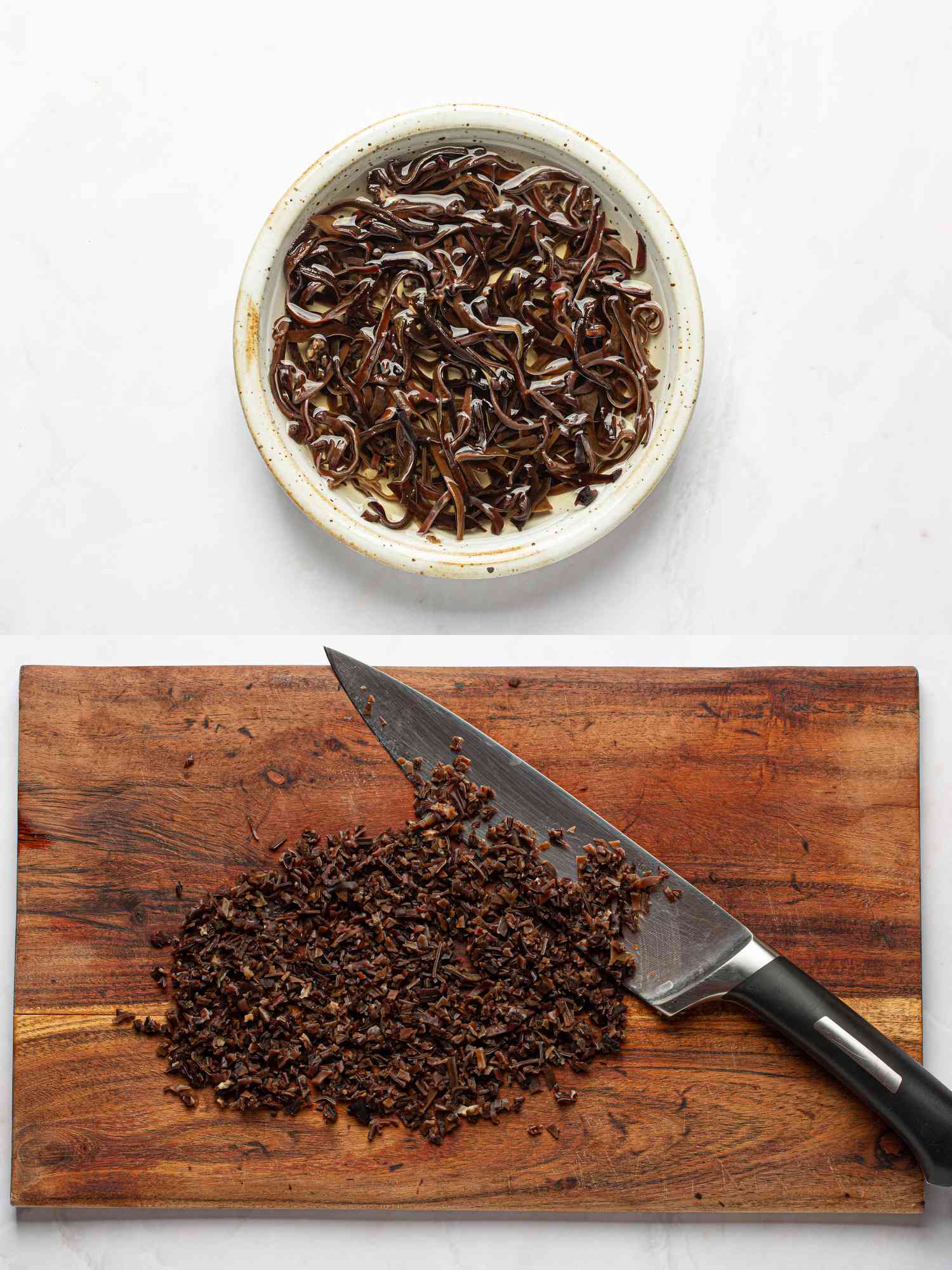 Two Image collage of earwood mushrooms soaking in a bowl then finely chopped on a cutting board