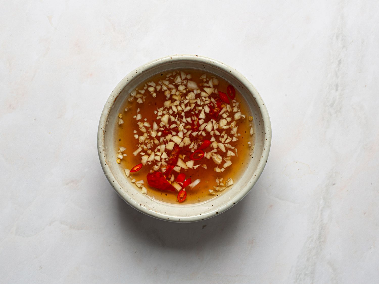 Overhead view of dipping sauce mixed in a bowl