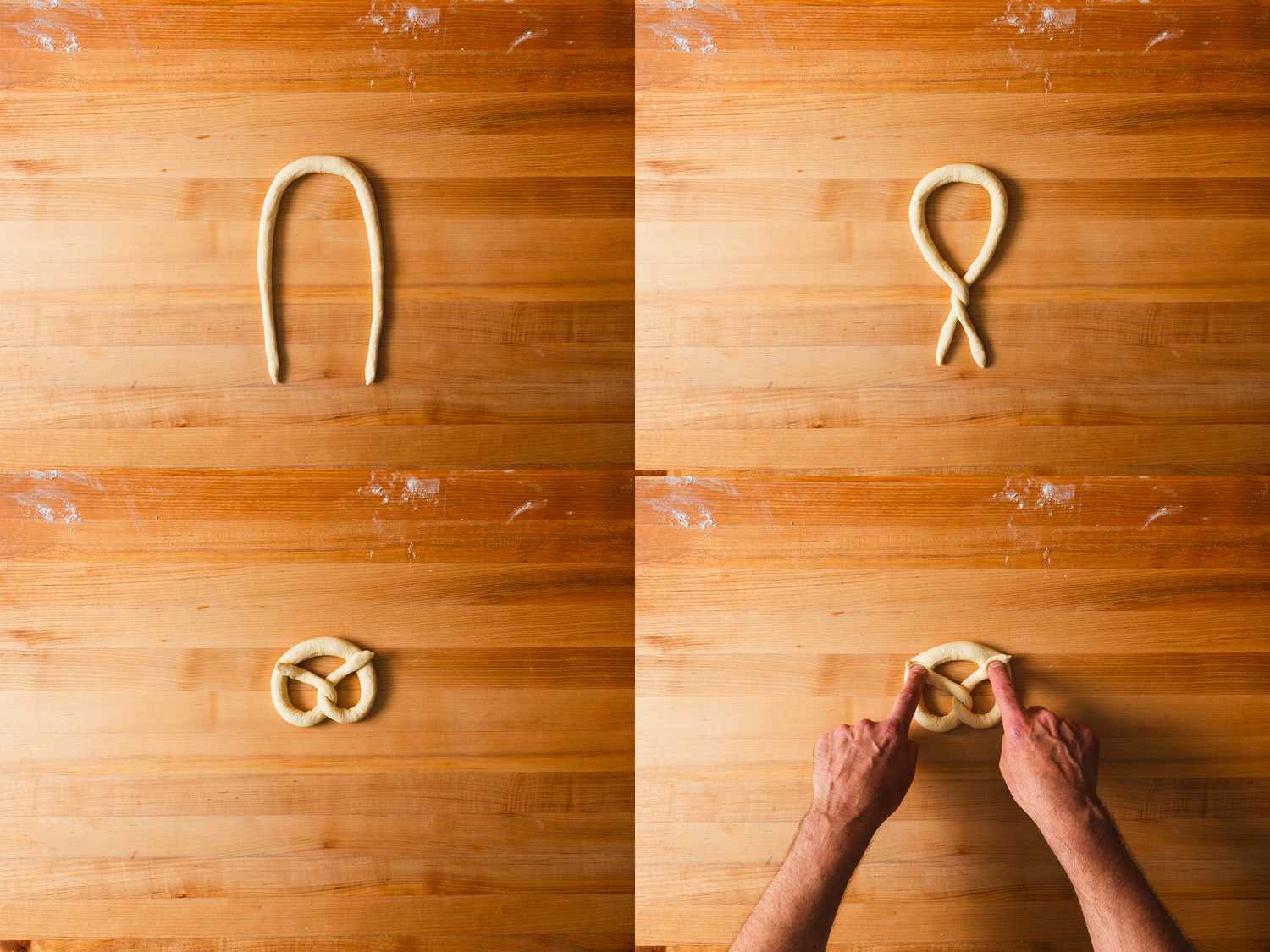 Four image collage of how to fold a pretzel