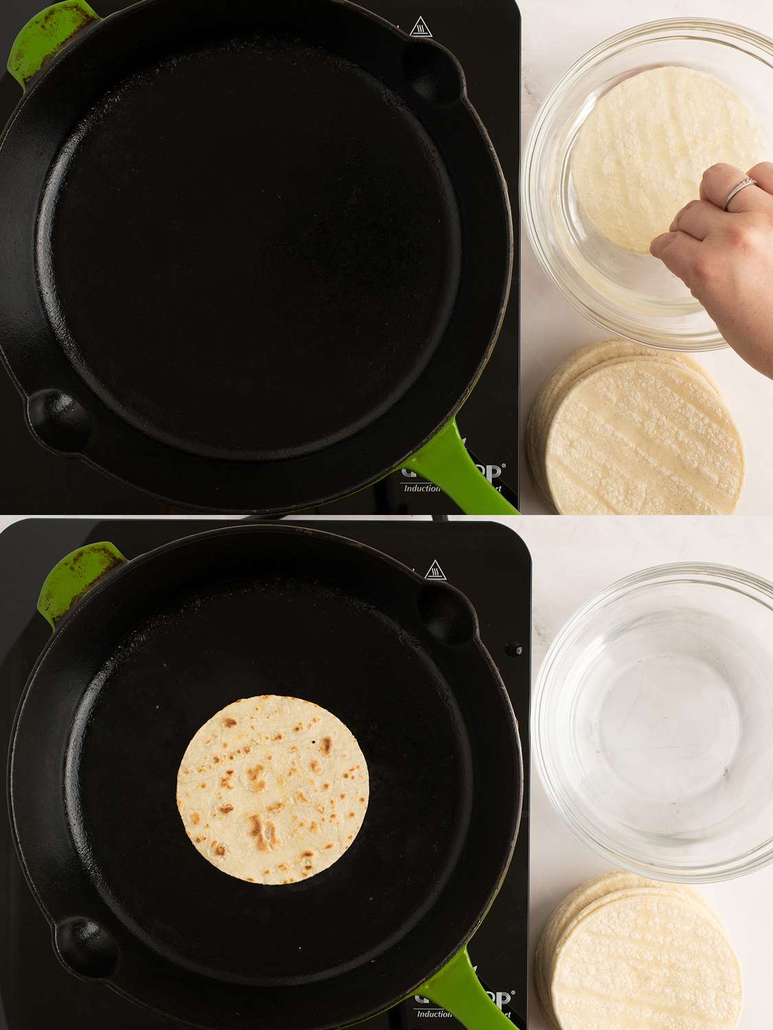 Dipping tortillas in water, then heating them up in a cast iron skillet.