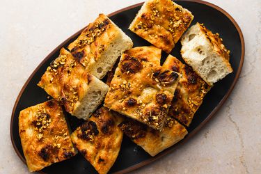 Overhead shot of no-knead roasted-garlic focaccia bread.