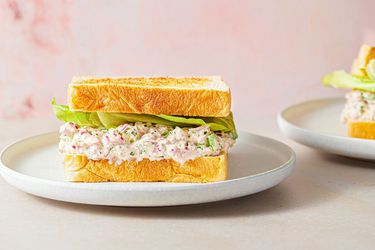 Tuna salad sandwich served on a plate