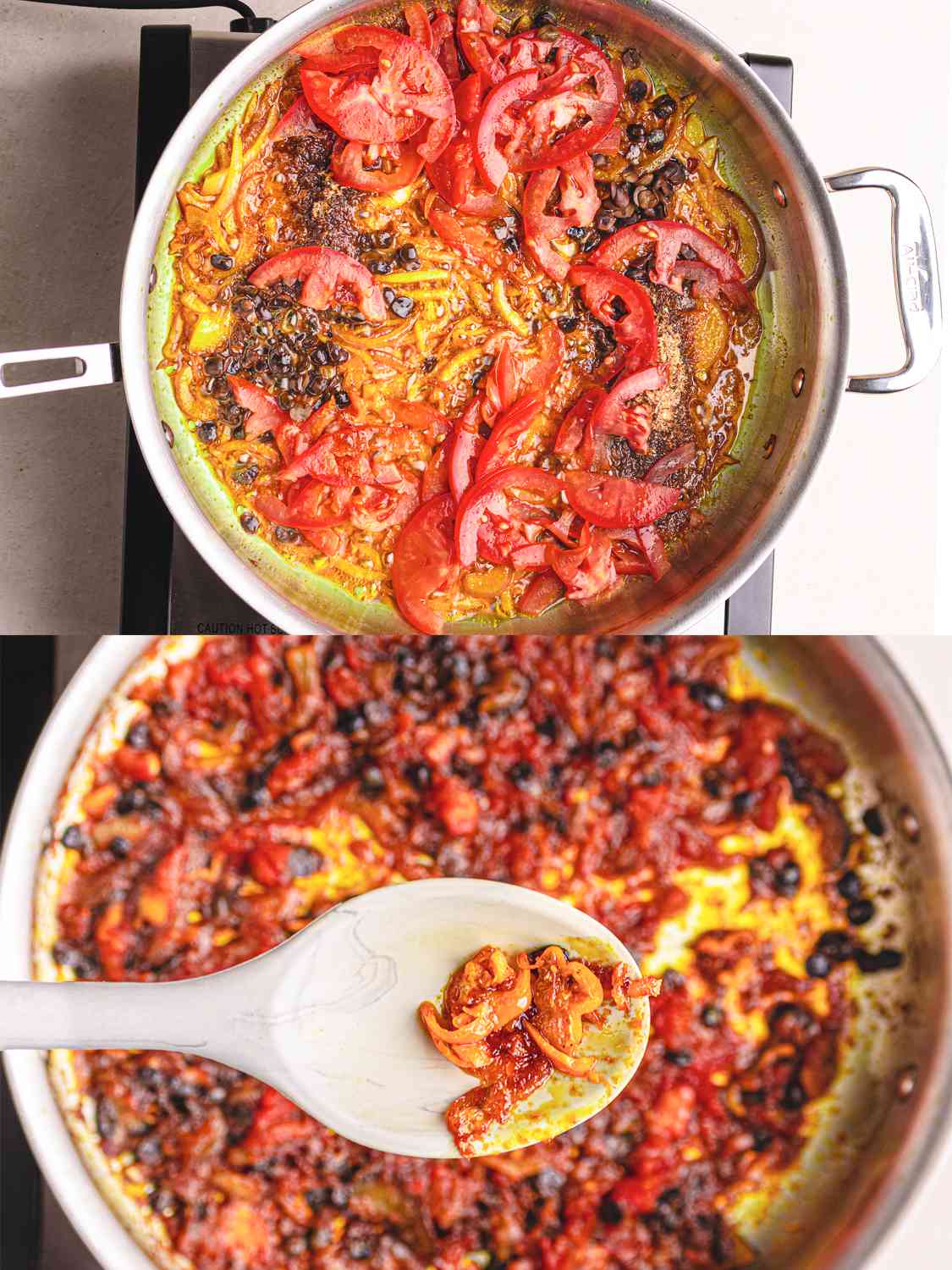 Two image collage of tomatos and onions and crayfish added to a pot and then a soon lifting up softened vegetables