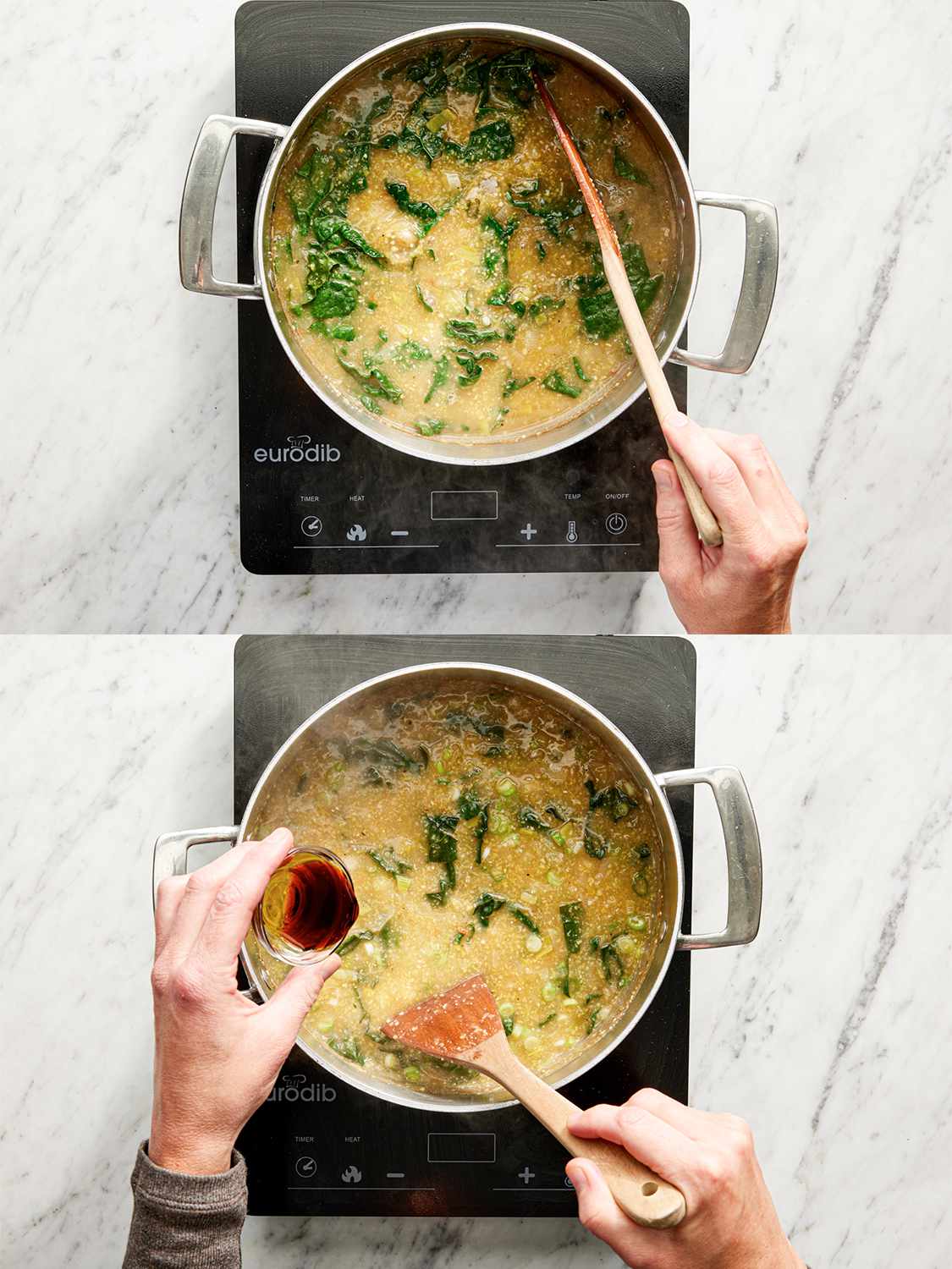 Two Image collage of kale and miso being added to saucepan