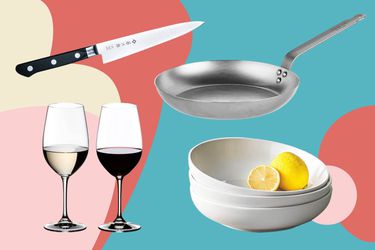 a collage of four items (bowls, a skillet, wine glasses, a knife) on a colorful background