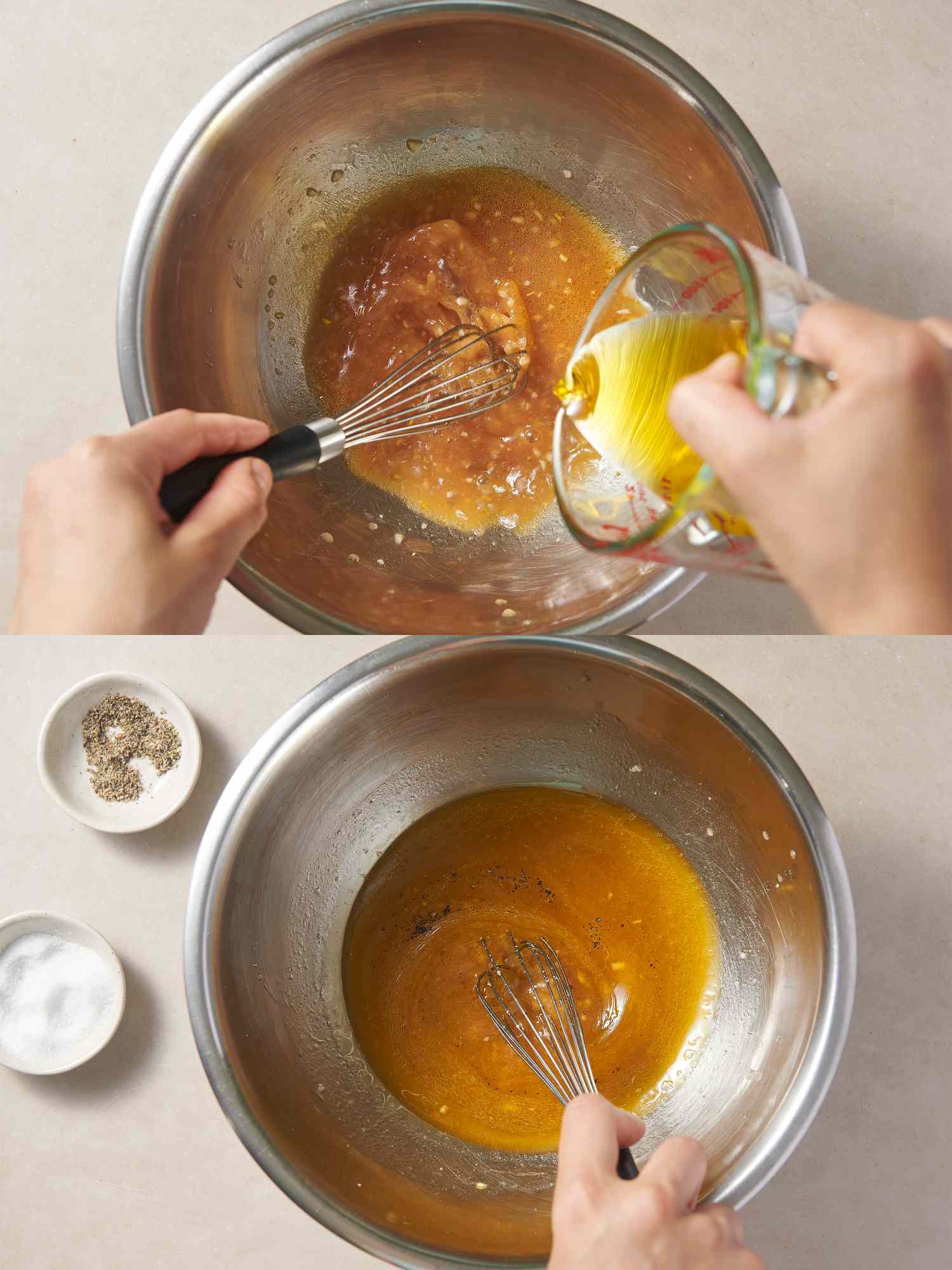 Shallot, garlic, mustard, and vinegar added to tomato juice inside bowl