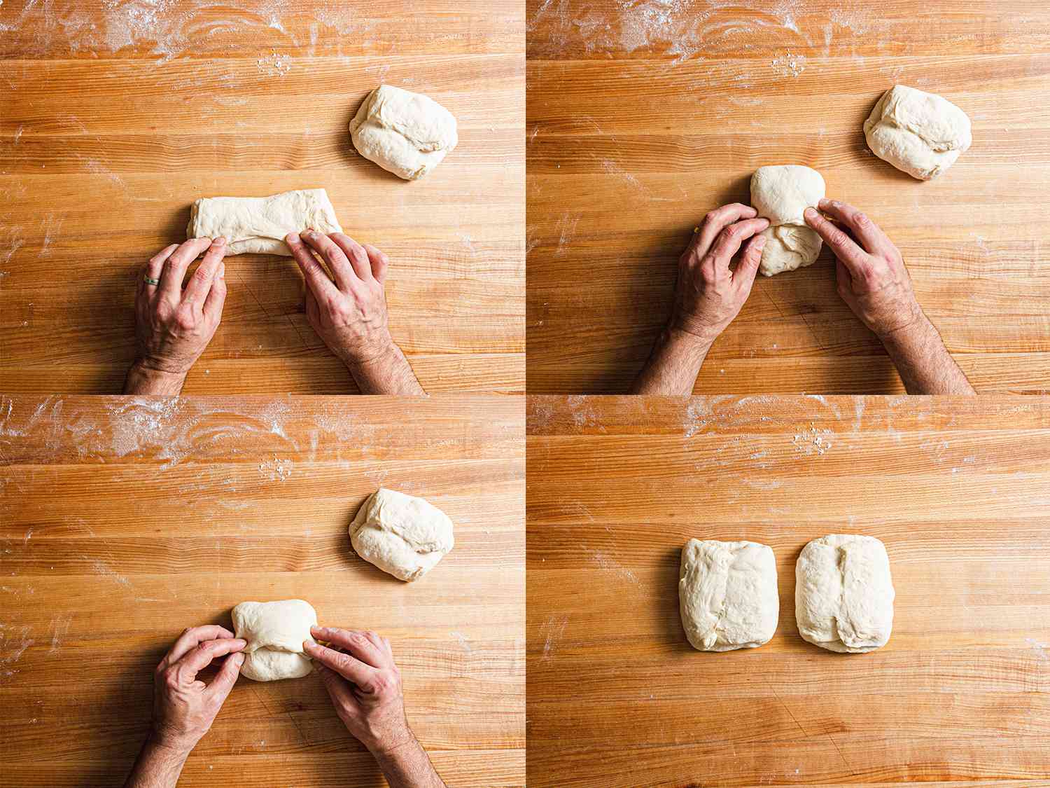 Four image collage of folding the second piece of dough like a business letter