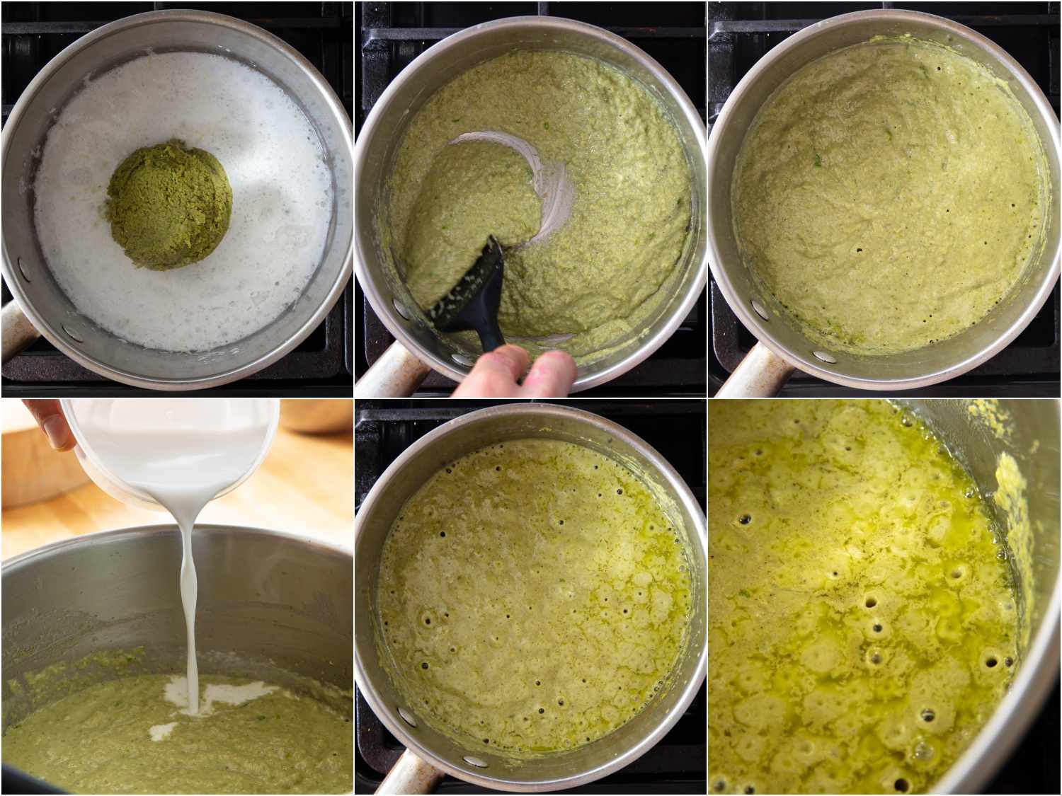 collage of stages of making green curry: adding green curry paste to coconut milk; stirring with rubber spatula; mixture beginning to break; coconut milk being added in increments; mixture breaking more, fat separating; close up of fat separating out of mixture