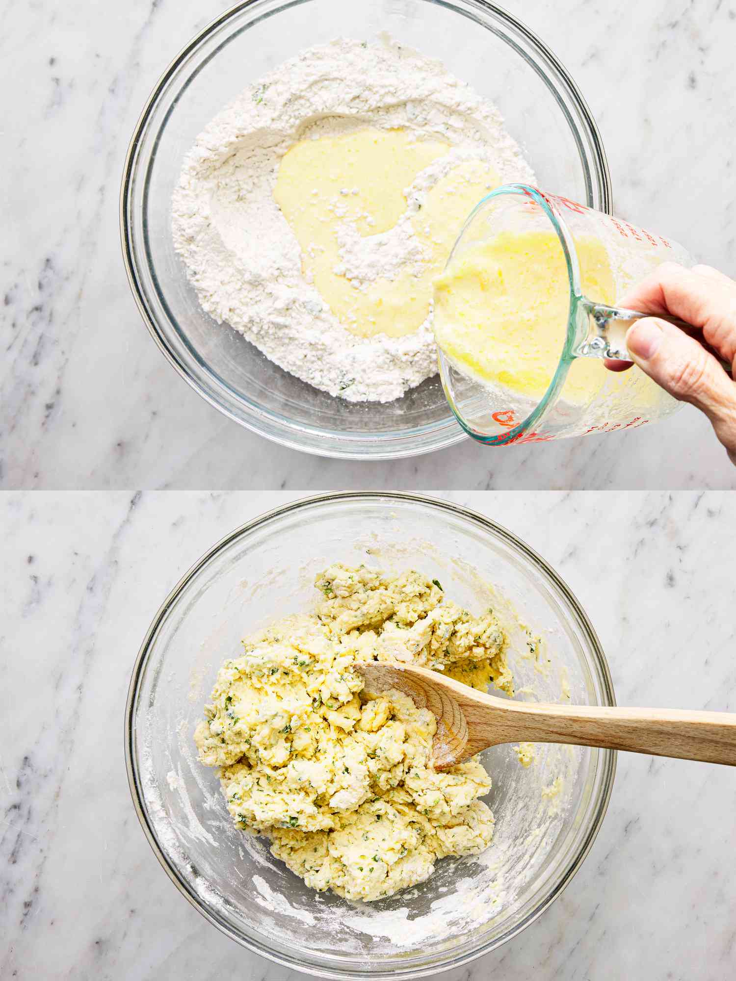 Two image collage of creating dumpling dough