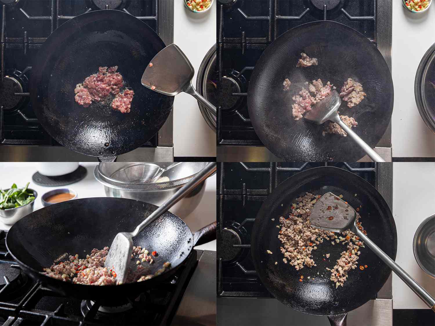 Four Photo Collage: pork added to oil in a wok, a metal spatula flipping pork, a side view of stirring chiles, overhead view of cooked pork and chiles in a wok