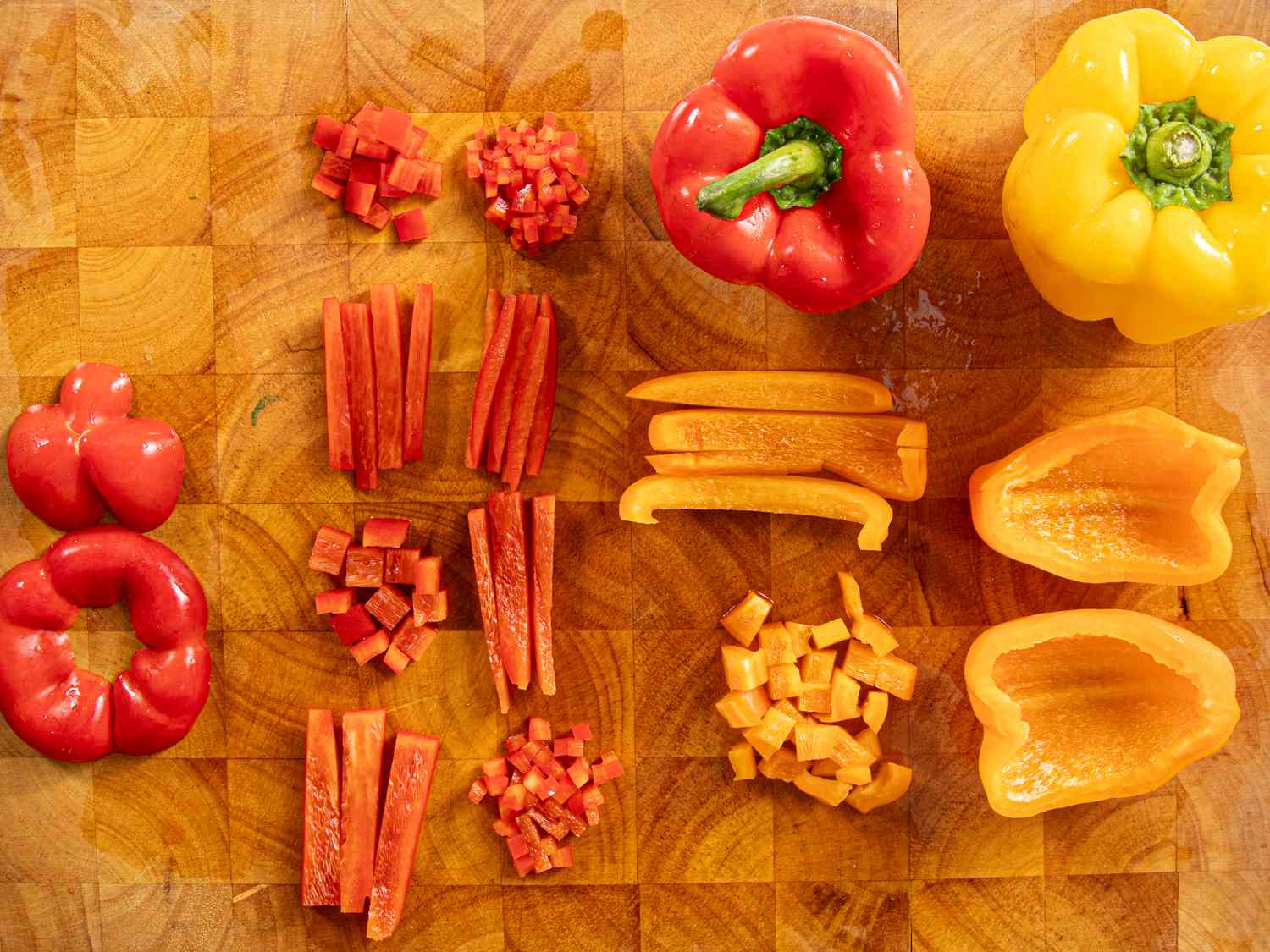 Overhead view of red and yellow bell peppers