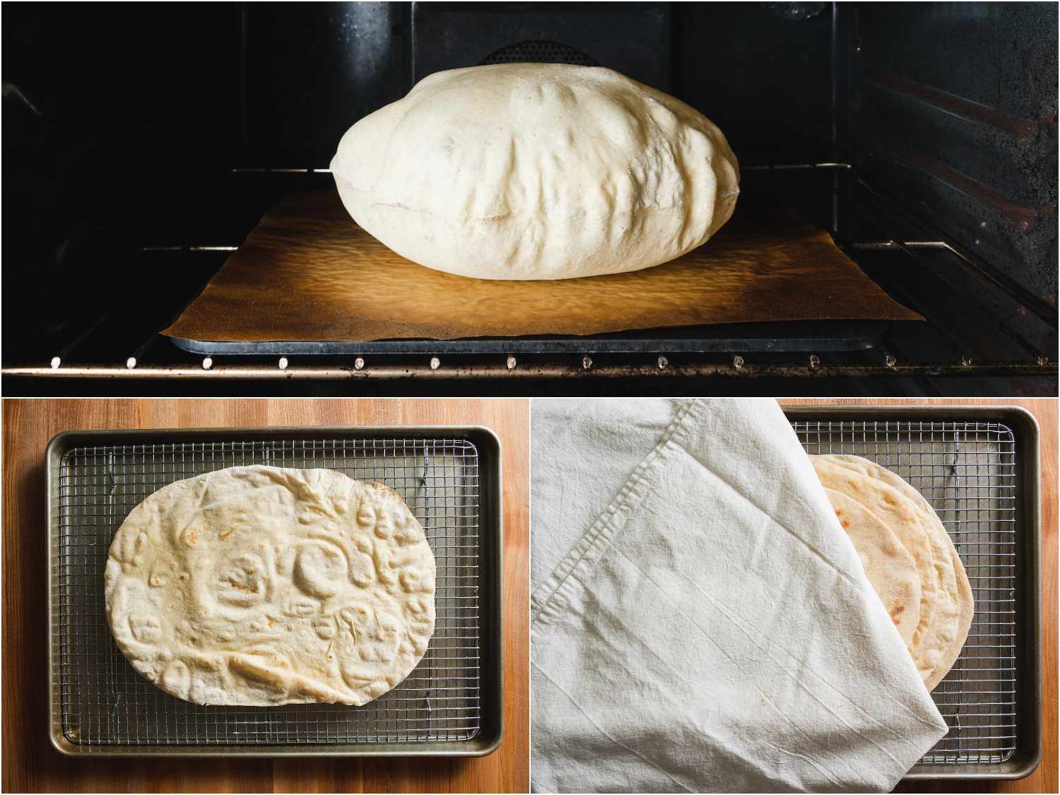 Lavash puffing up like a pillow in oven, baked lavash on a cooling rack, and a stack of lavash covered with a kitchen towel.