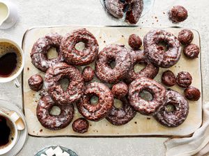 Overhead view of chocolate cake doughnuts