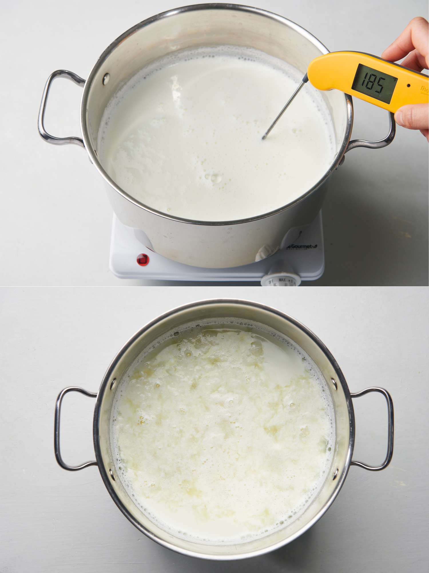 2-image collage: an instant-read thermometer inserted into heated milk inside pot.