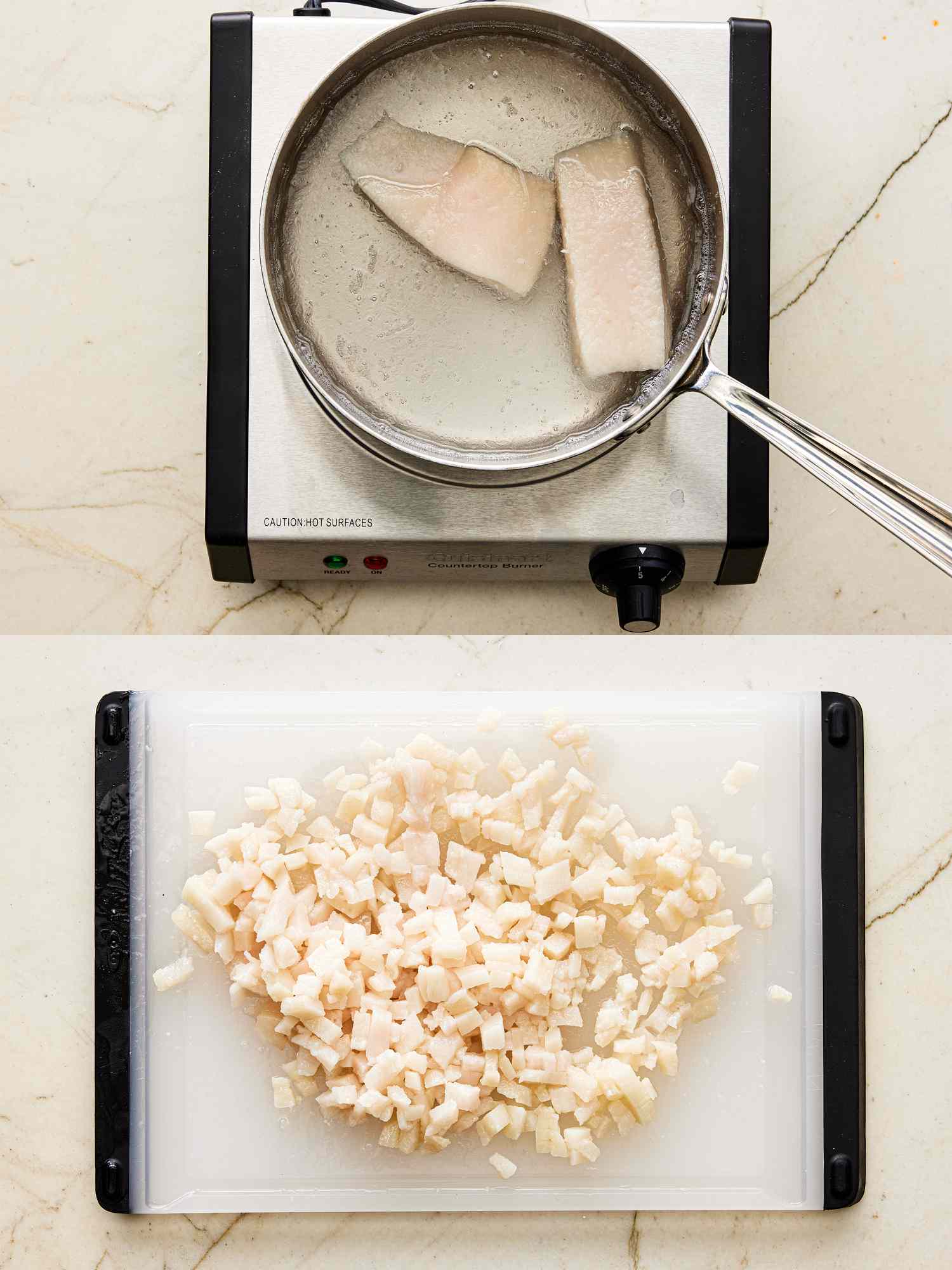 Two image collage of cooking fat and chopping up