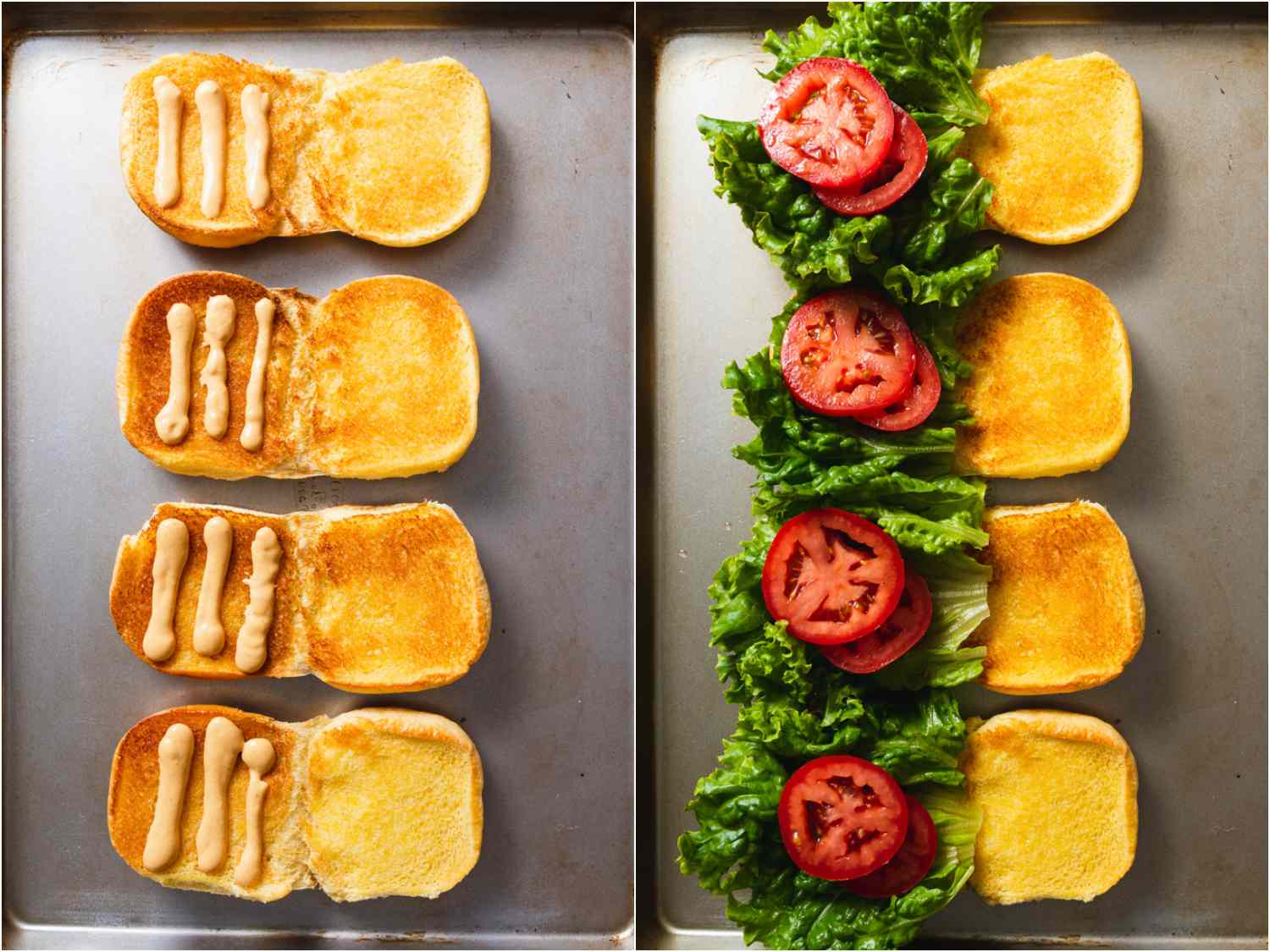 assembling the buns with lettuce, tomato, and shack sauce