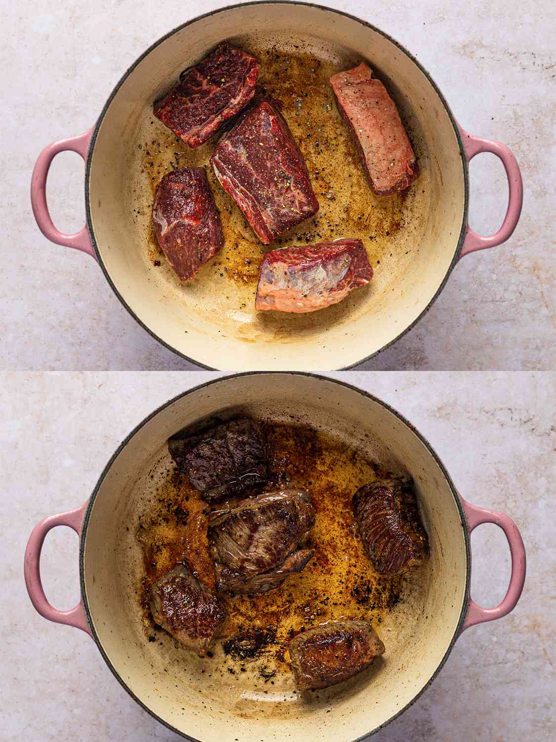 A two-image collage. The top image shows seasoned chunks of beef added to hot oil inside of a Dutch oven. The bottom image shows the beef now thoroughly browned inside of the Dutch oven.