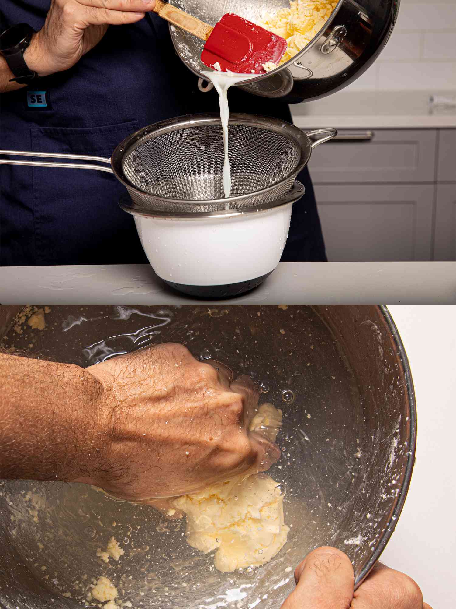 Two image collage of draining buttermilk and washing butter