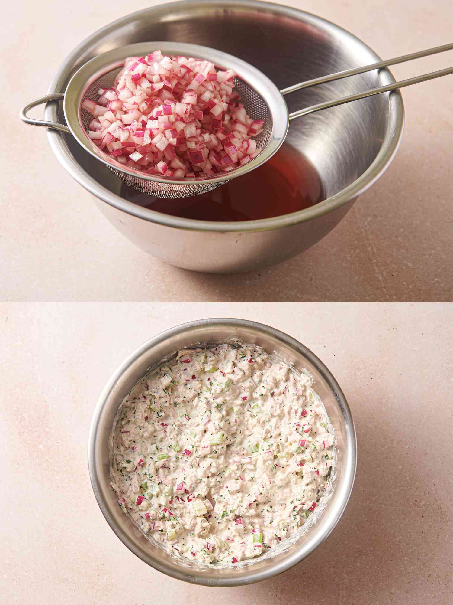 Onion draining inside strainer and a bowl with onion, tuna, celery, parsley, and fish sauce mixed in