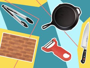 a collage of different products (a wooden cutting board, tongs, a chef's knife) against a colorful background